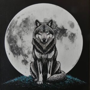 Tableau loup lune gravure laser toile noire LTBZ Création.