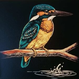 gravure sur toile sur support lumineux, martin pecheur colorisé a la mains (feutres)