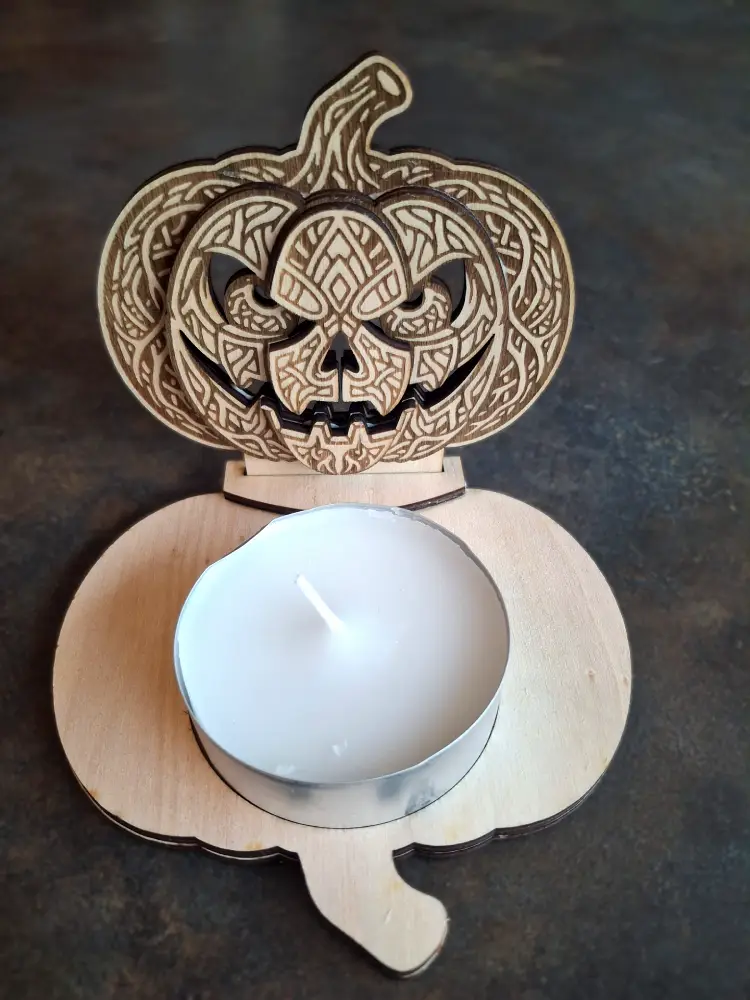 Photophore citrouille halloween bois gravé multicouches